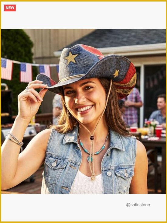 American Flag Patriotic Straw Cowboy Hat - Western Cowgirl Rodeo main image 4
